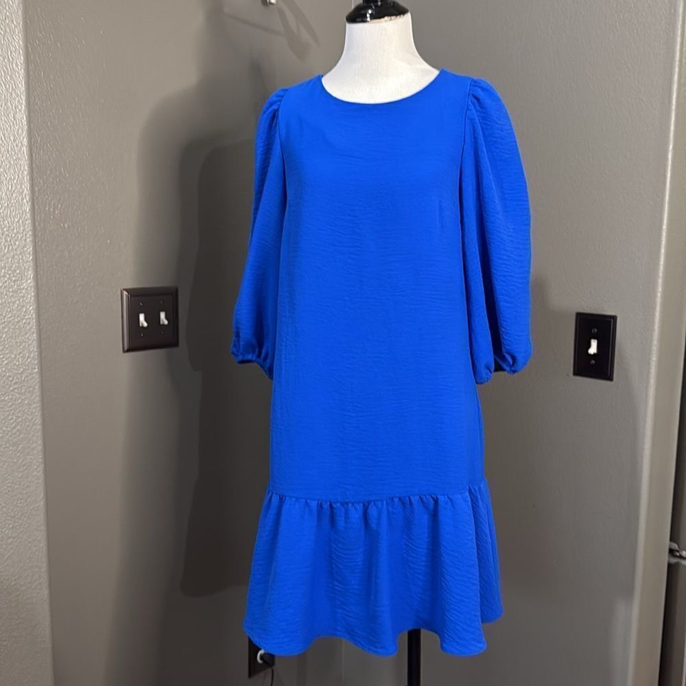 DKNY Electric Blue 3/4 Length Sleeve Dress Ruffle Hem